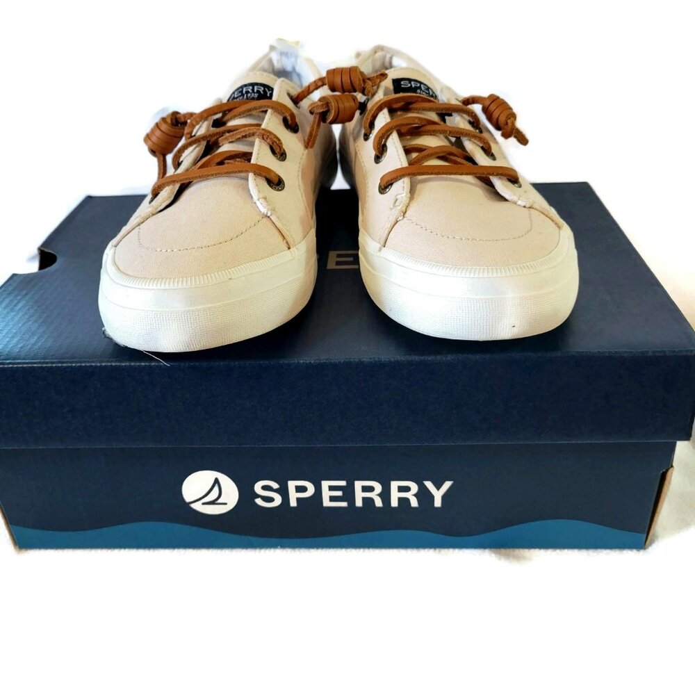 Sperry Women's Crest Vibe Linen Sneaker Oat Size 9.5 Lace-up Casual New in Box